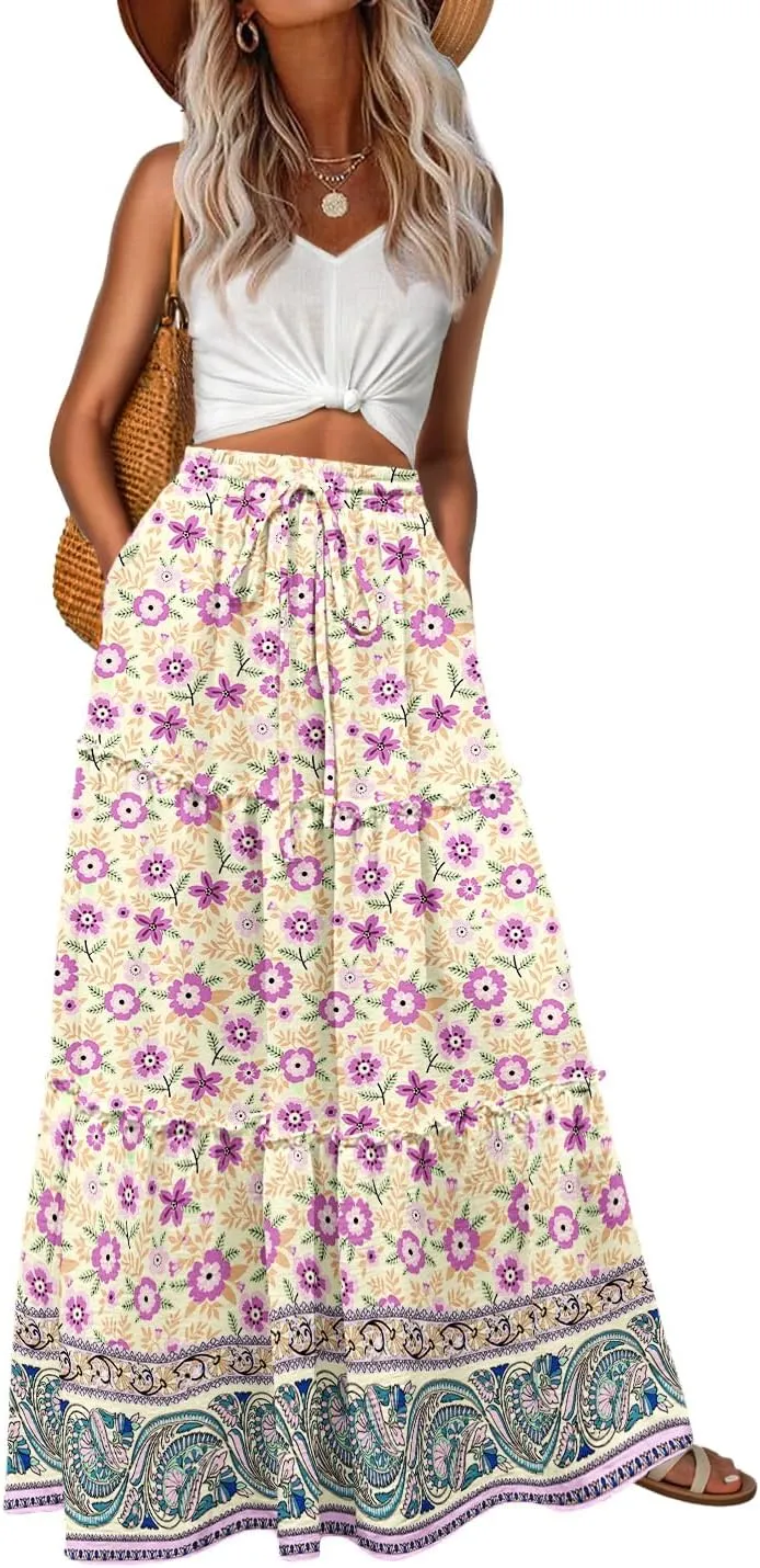 Lepunuo Womens Casual Boho High Waisted Flowy Maxi Skirts Trendy Floral Cute Long Skirts with Pockets