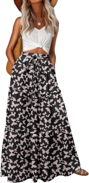 Lepunuo Womens Casual Boho High Waisted Flowy Maxi Skirts Trendy Floral Cute Long Skirts with Pockets