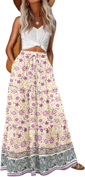 Lepunuo Womens Casual Boho High Waisted Flowy Maxi Skirts Trendy Floral Cute Long Skirts with Pockets