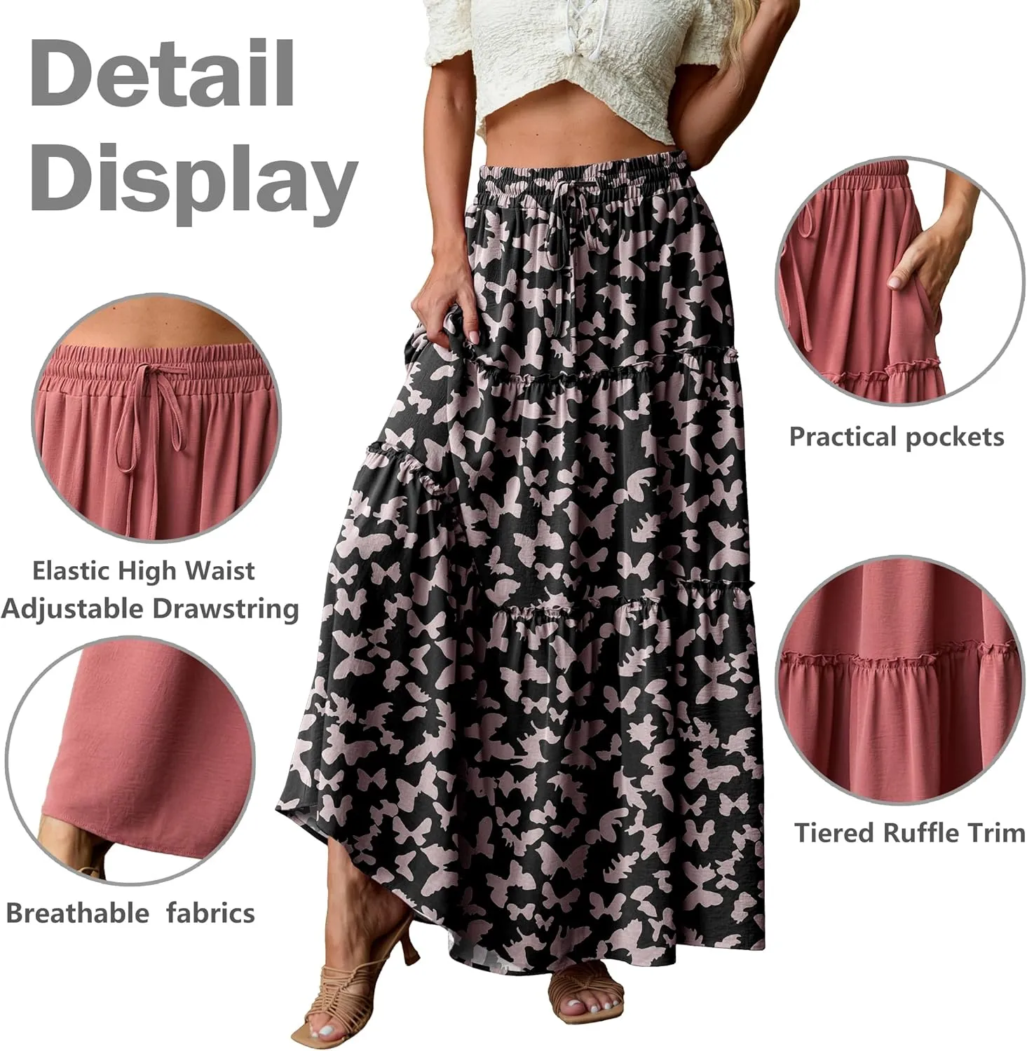 Lepunuo Womens Casual Boho High Waisted Flowy Maxi Skirts Trendy Floral Cute Long Skirts with Pockets