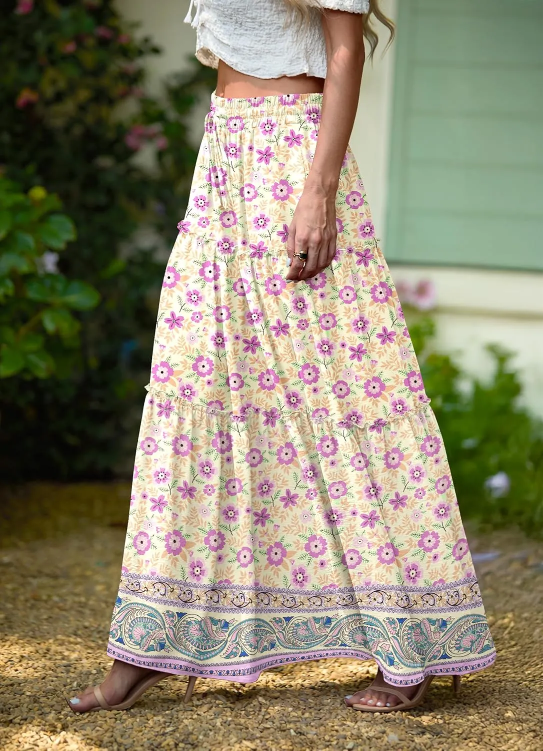 Lepunuo Womens Casual Boho High Waisted Flowy Maxi Skirts Trendy Floral Cute Long Skirts with Pockets