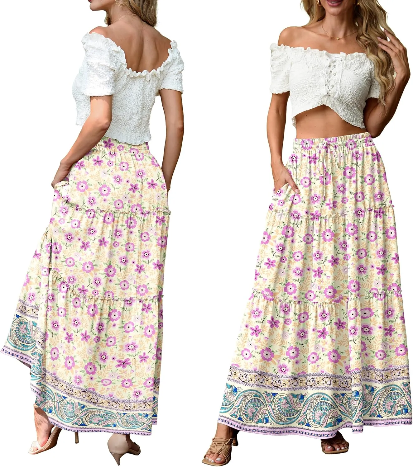 Lepunuo Womens Casual Boho High Waisted Flowy Maxi Skirts Trendy Floral Cute Long Skirts with Pockets