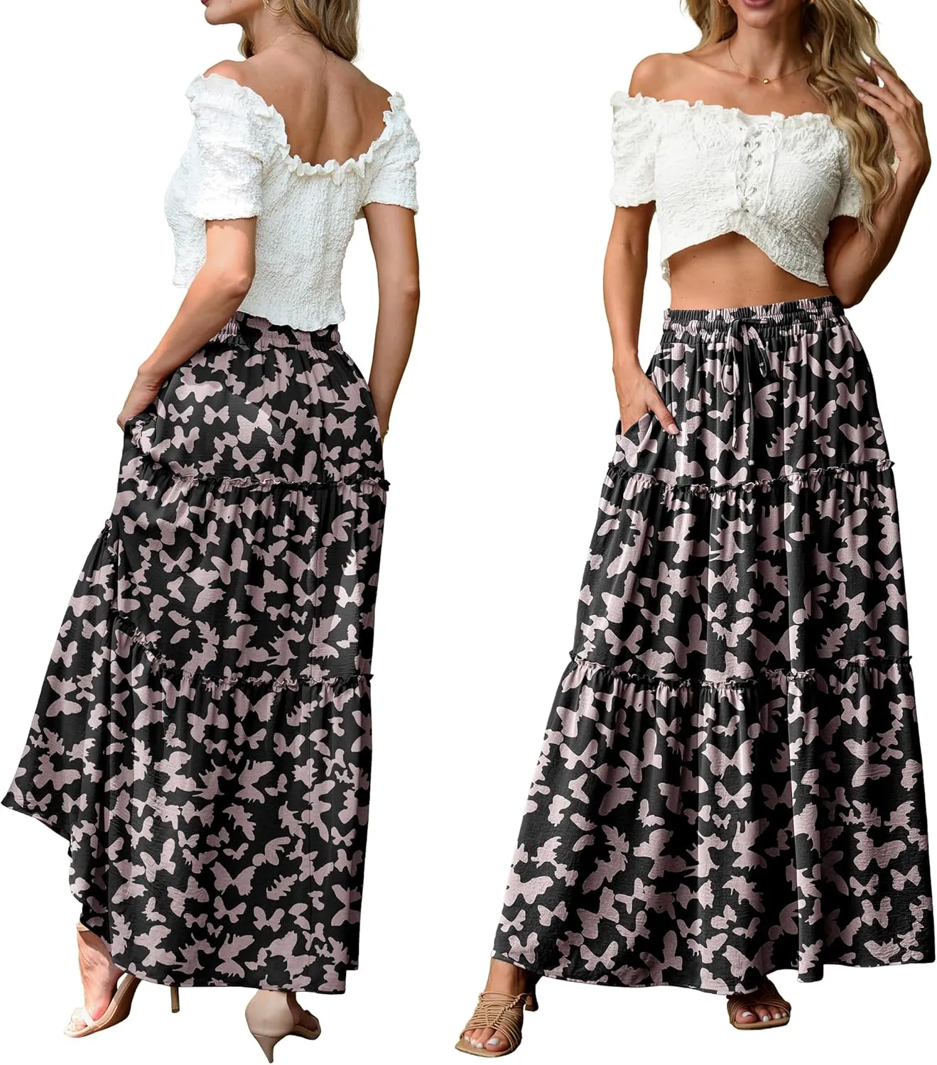 Lepunuo Womens Casual Boho High Waisted Flowy Maxi Skirts Trendy Floral Cute Long Skirts with Pockets