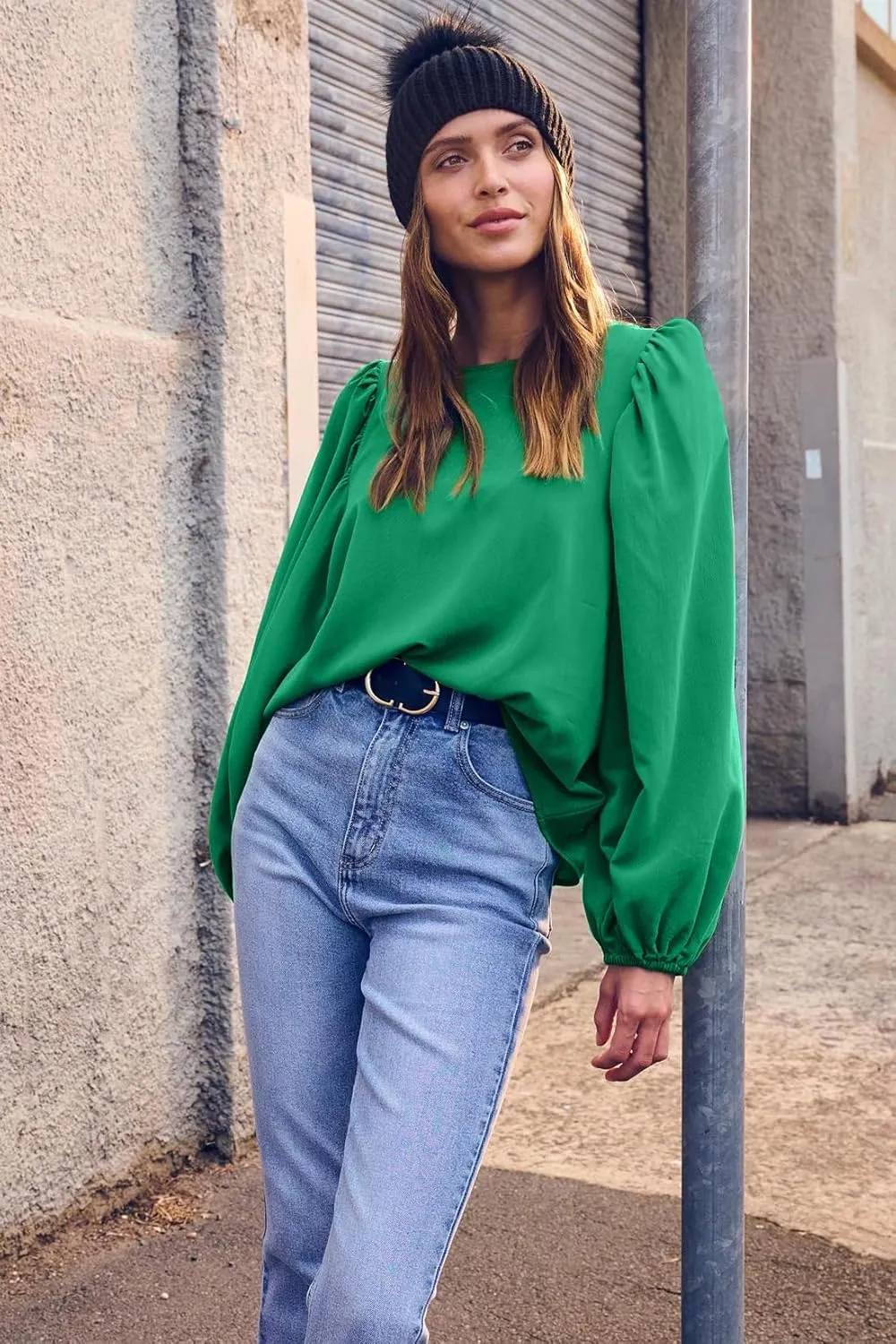 Lesore Womens Blouses Long Sleeve Solid Crewneck Balloon Sleeve Keyhole Back Blouses Tops Tshirts