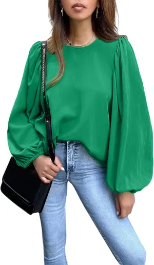 Lesore Womens Blouses Long Sleeve Solid Crewneck Balloon Sleeve Keyhole Back Blouses Tops Tshirts