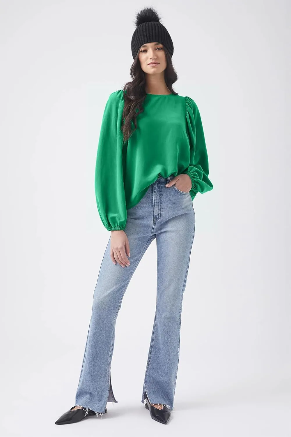 Lesore Womens Blouses Long Sleeve Solid Crewneck Balloon Sleeve Keyhole Back Blouses Tops Tshirts