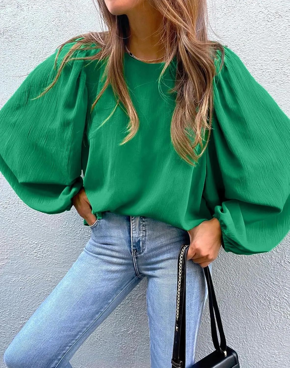 Lesore Womens Blouses Long Sleeve Solid Crewneck Balloon Sleeve Keyhole Back Blouses Tops Tshirts