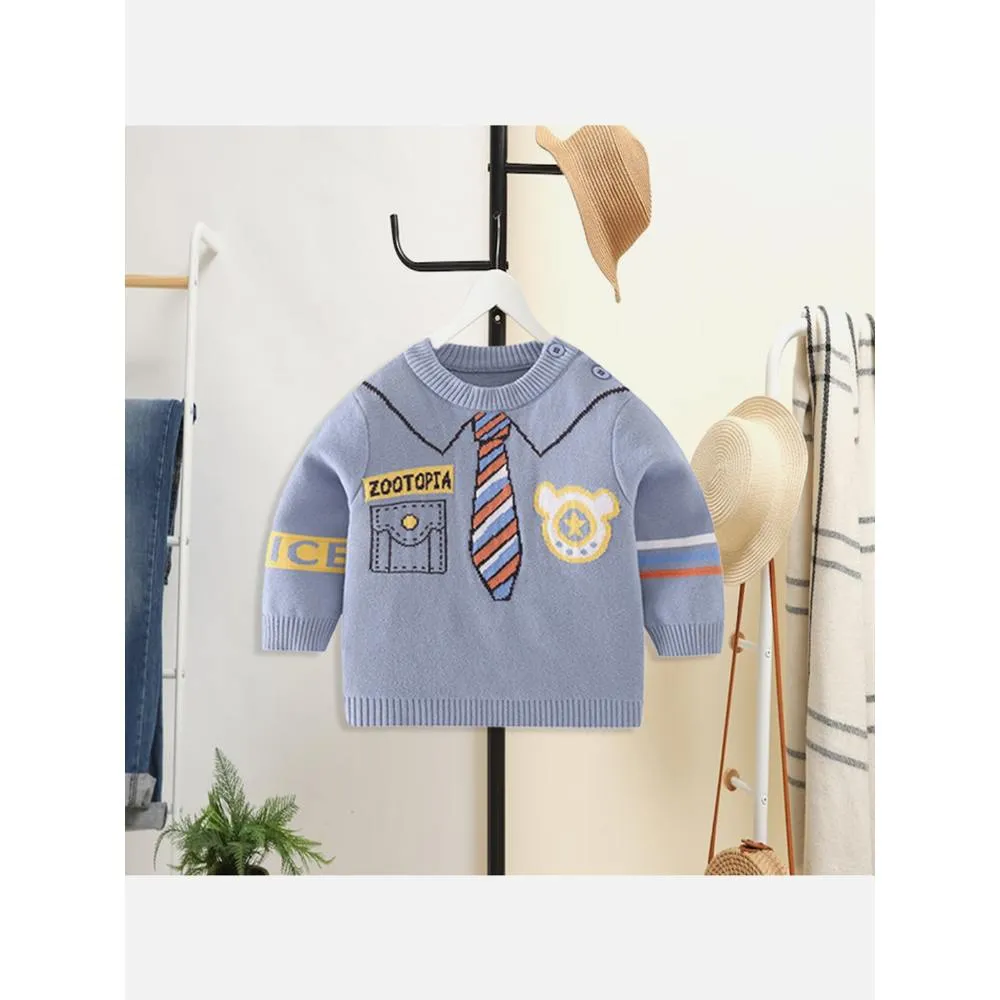 Light Blue, Little Man Tie Print Kids Cardigan Sweater, Round Neck