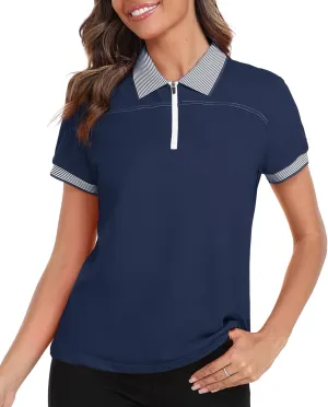 Little Beauty Women's Zipper Golf Polo Shirts Short Sleeve Athletic Shirt with Collar Moisture Wicking