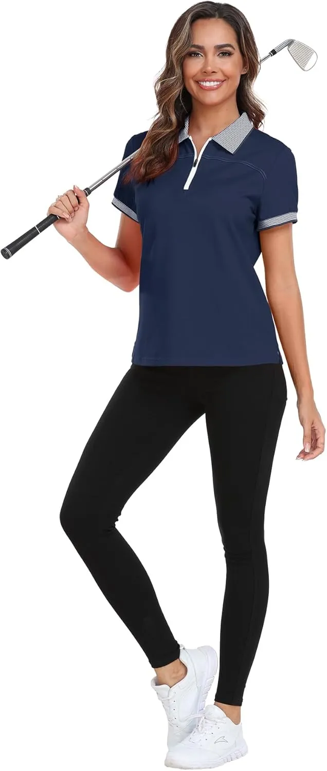 Little Beauty Women's Zipper Golf Polo Shirts Short Sleeve Athletic Shirt with Collar Moisture Wicking