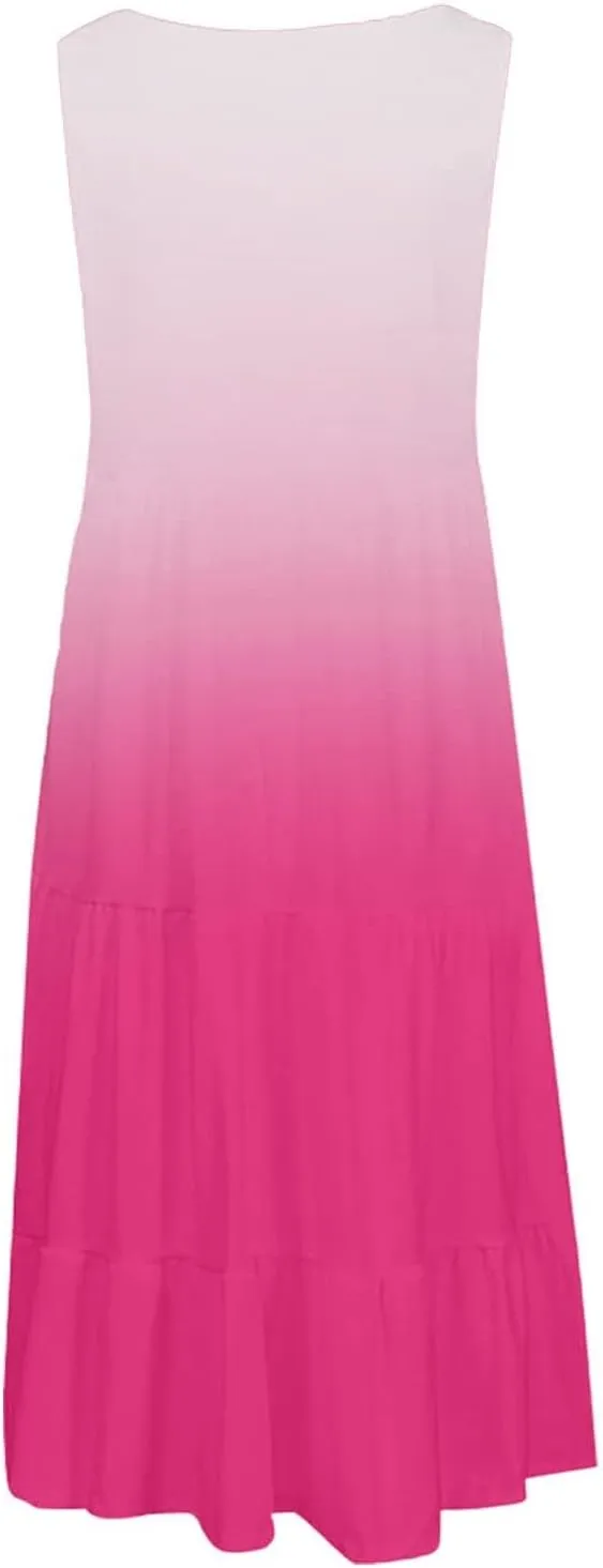 Sundresses for Women 2025 Floral Print Sleeveless Midi Dresses Pleated Round Neck Sundresses Loose Beach Dress