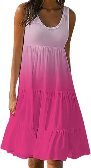 Sundresses for Women 2025 Floral Print Sleeveless Midi Dresses Pleated Round Neck Sundresses Loose Beach Dress