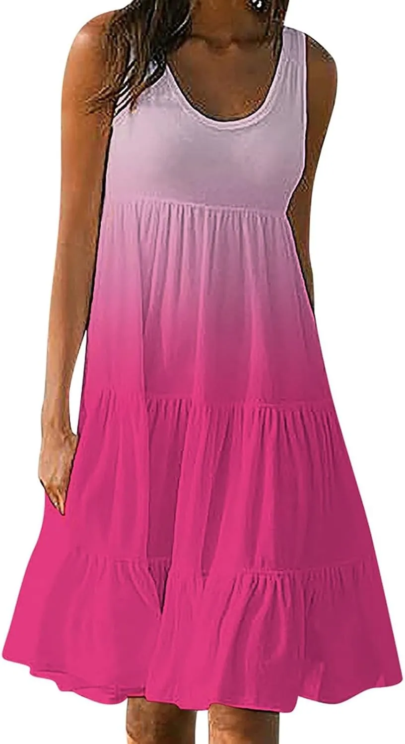 Sundresses for Women 2025 Floral Print Sleeveless Midi Dresses Pleated Round Neck Sundresses Loose Beach Dress