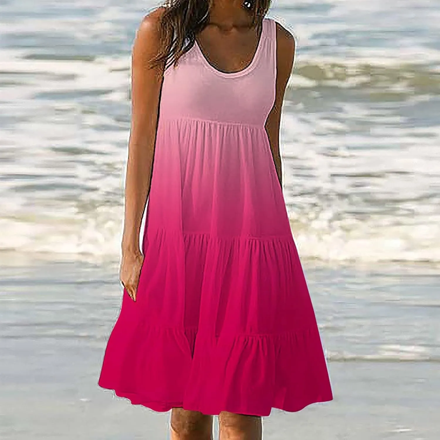 Sundresses for Women 2025 Floral Print Sleeveless Midi Dresses Pleated Round Neck Sundresses Loose Beach Dress