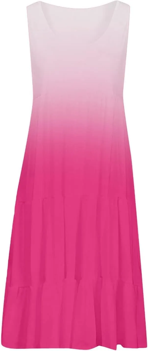 Sundresses for Women 2025 Floral Print Sleeveless Midi Dresses Pleated Round Neck Sundresses Loose Beach Dress