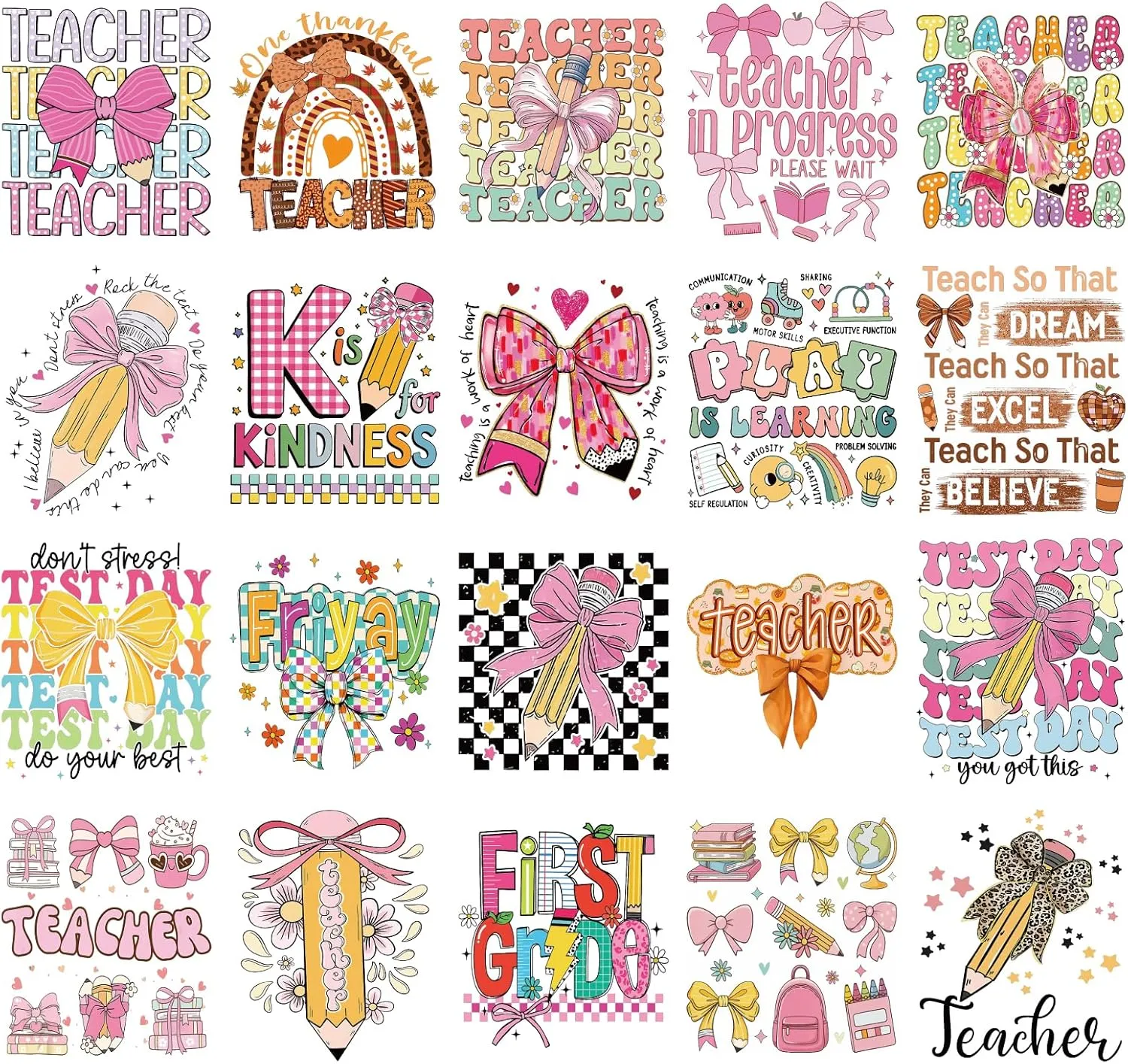 Teacher DTF Transfers Ready to Press - 20 Sheets Pink Bow Iron on Transfers Stickers for Clothes Teacher Appreciation Week T-Shirts Iron on Decals Patches for Backpacks Bag Jeans DIY Costume