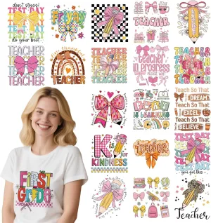 Teacher DTF Transfers Ready to Press - 20 Sheets Pink Bow Iron on Transfers Stickers for Clothes Teacher Appreciation Week T-Shirts Iron on Decals Patches for Backpacks Bag Jeans DIY Costume