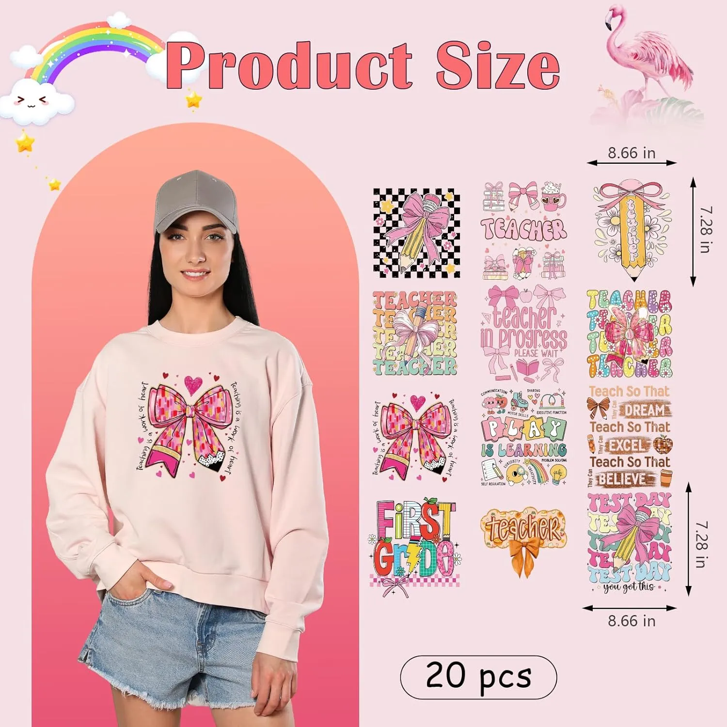 Teacher DTF Transfers Ready to Press - 20 Sheets Pink Bow Iron on Transfers Stickers for Clothes Teacher Appreciation Week T-Shirts Iron on Decals Patches for Backpacks Bag Jeans DIY Costume