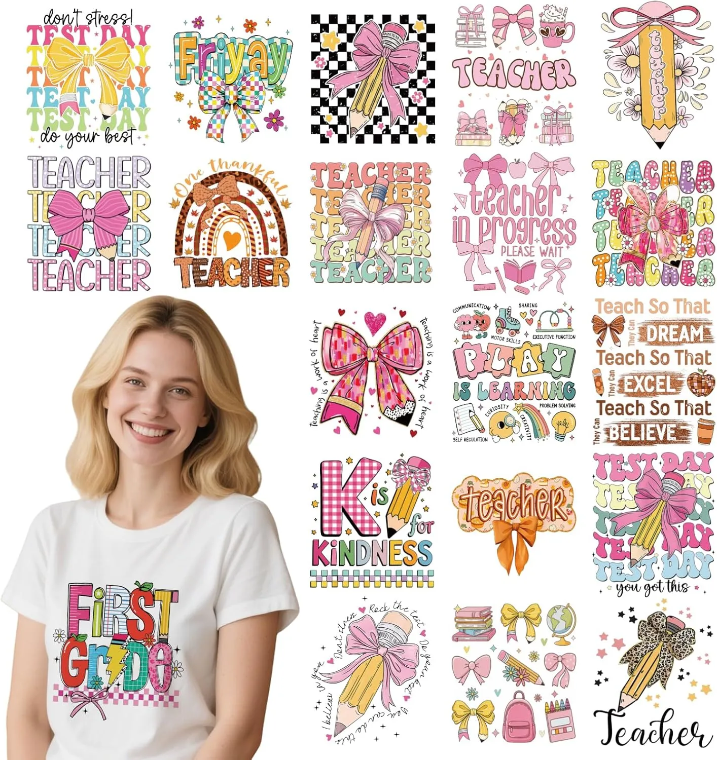 Teacher DTF Transfers Ready to Press - 20 Sheets Pink Bow Iron on Transfers Stickers for Clothes Teacher Appreciation Week T-Shirts Iron on Decals Patches for Backpacks Bag Jeans DIY Costume