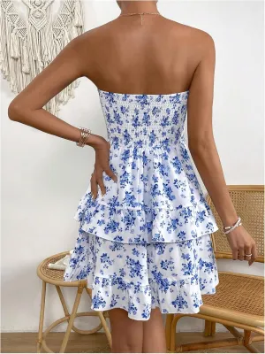 WDIRARA Women's Floral Print Ruffle Hem Tiered Layer Backless Shirred Tube A Line Dress