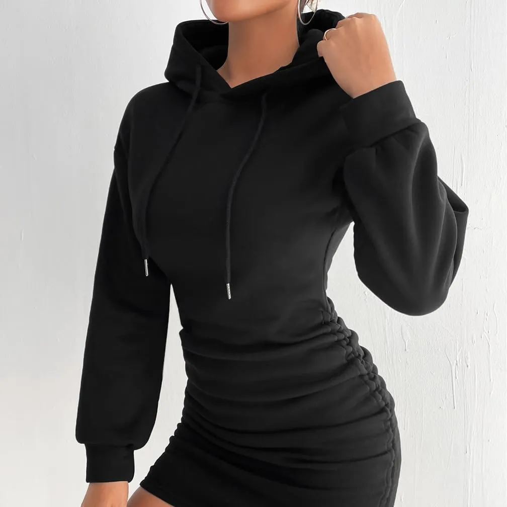 Women Drawstring Side Ruched Hoodies Dress Drop Shoulder Long Sleeve Casual Solid Bodycon Tunic Sweatshirt Dress