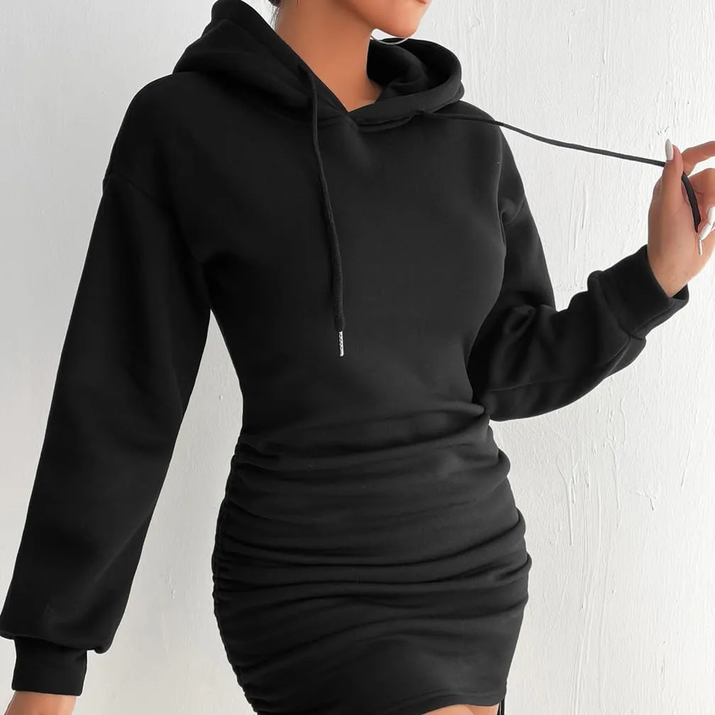 Women Drawstring Side Ruched Hoodies Dress Drop Shoulder Long Sleeve Casual Solid Bodycon Tunic Sweatshirt Dress