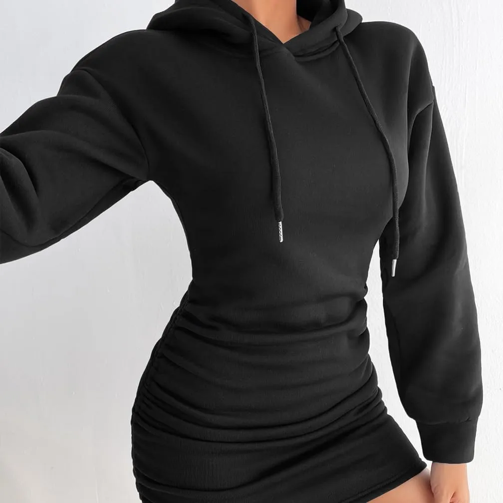 Women Drawstring Side Ruched Hoodies Dress Drop Shoulder Long Sleeve Casual Solid Bodycon Tunic Sweatshirt Dress