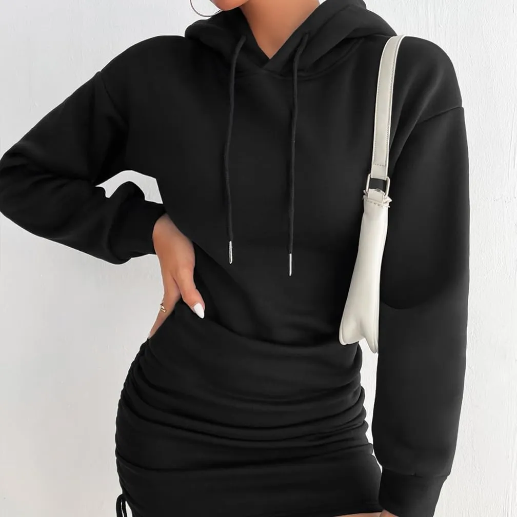 Women Drawstring Side Ruched Hoodies Dress Drop Shoulder Long Sleeve Casual Solid Bodycon Tunic Sweatshirt Dress