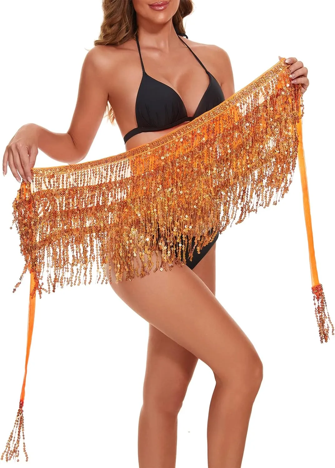 Womens Belly Dance Hip Scarf with Sparkly Fringe Rave Party Sequin Skirt Costume Festival Tassel Skirt
