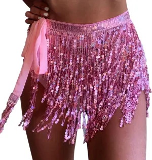 Womens Belly Dance Hip Scarf with Sparkly Fringe Rave Party Sequin Skirt Costume Festival Tassel Skirt