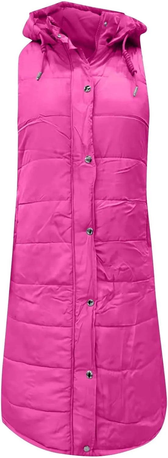 Womens Long Puffer Vest Winter Casual Sleeveless Full Zip Hooded Puffer Jacket Packable Lightweight Quilted Jacket Down Coats