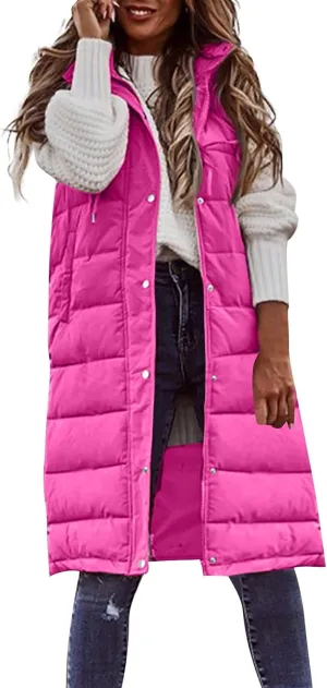 Womens Long Puffer Vest Winter Casual Sleeveless Full Zip Hooded Puffer Jacket Packable Lightweight Quilted Jacket Down Coats