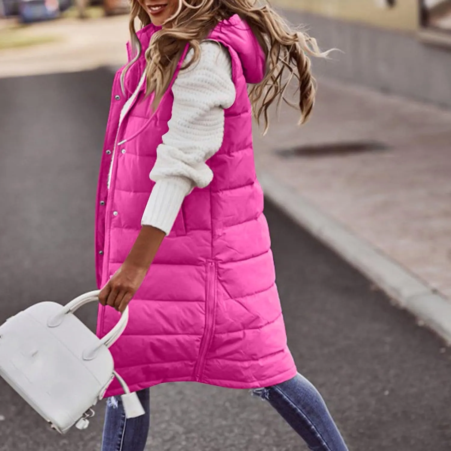 Womens Long Puffer Vest Winter Casual Sleeveless Full Zip Hooded Puffer Jacket Packable Lightweight Quilted Jacket Down Coats