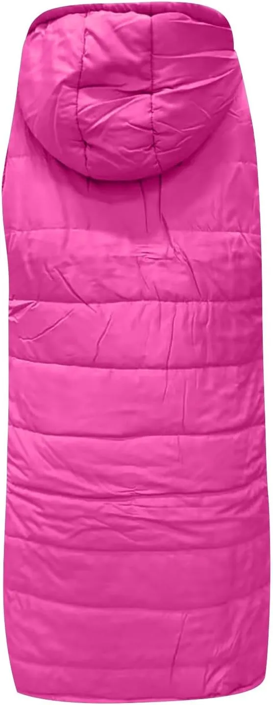 Womens Long Puffer Vest Winter Casual Sleeveless Full Zip Hooded Puffer Jacket Packable Lightweight Quilted Jacket Down Coats