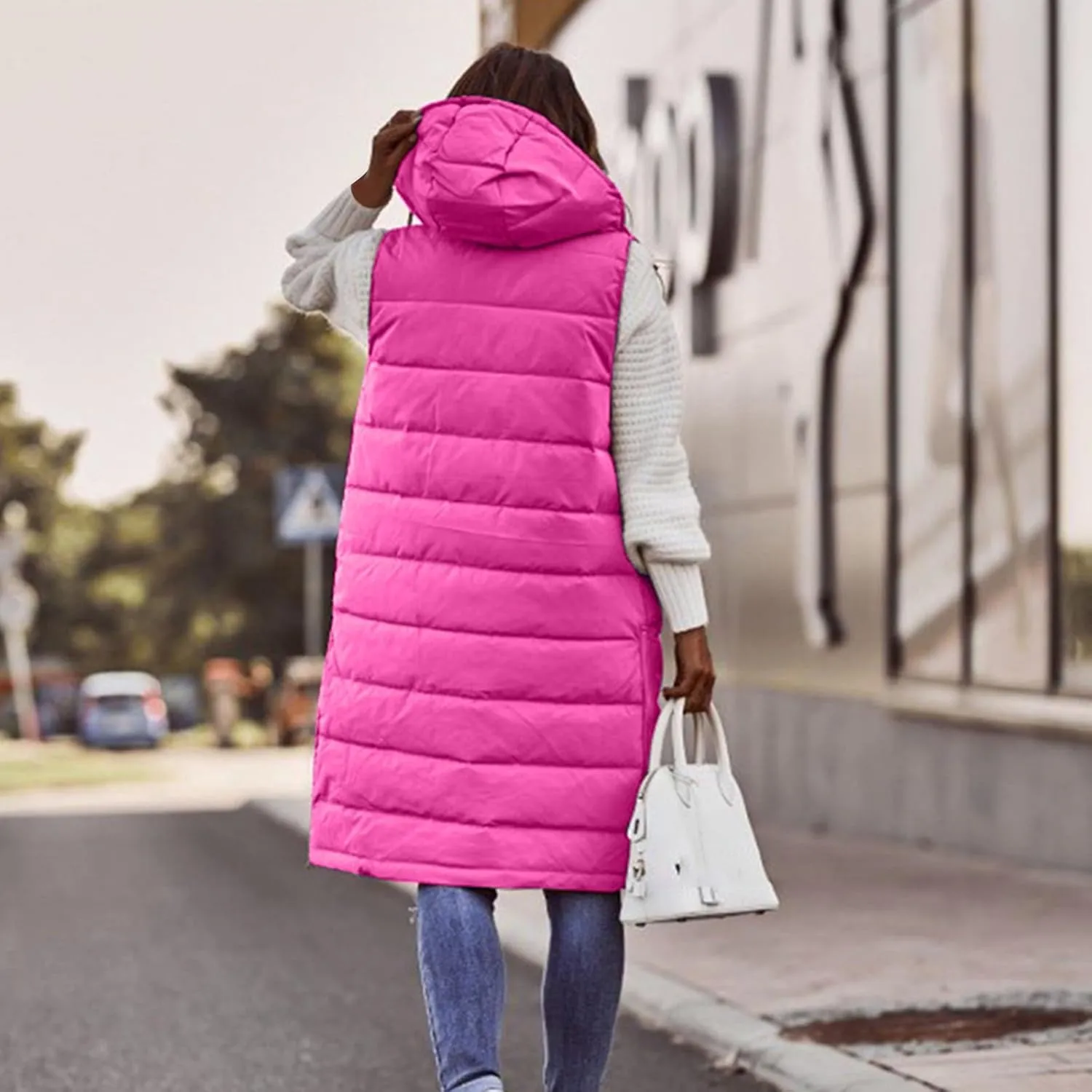 Womens Long Puffer Vest Winter Casual Sleeveless Full Zip Hooded Puffer Jacket Packable Lightweight Quilted Jacket Down Coats