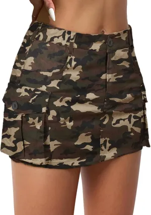 Womens Mini Cargo Skirts Y2k Denim Skirt with Pockets Low Waist Button Jean Skirts for Women
