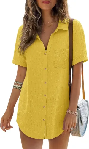 Women's Swim Cover Up Short Sleeve Polo Shirts Crochet Dressy Casual Button Down Blouses 2025 Summer Outfits