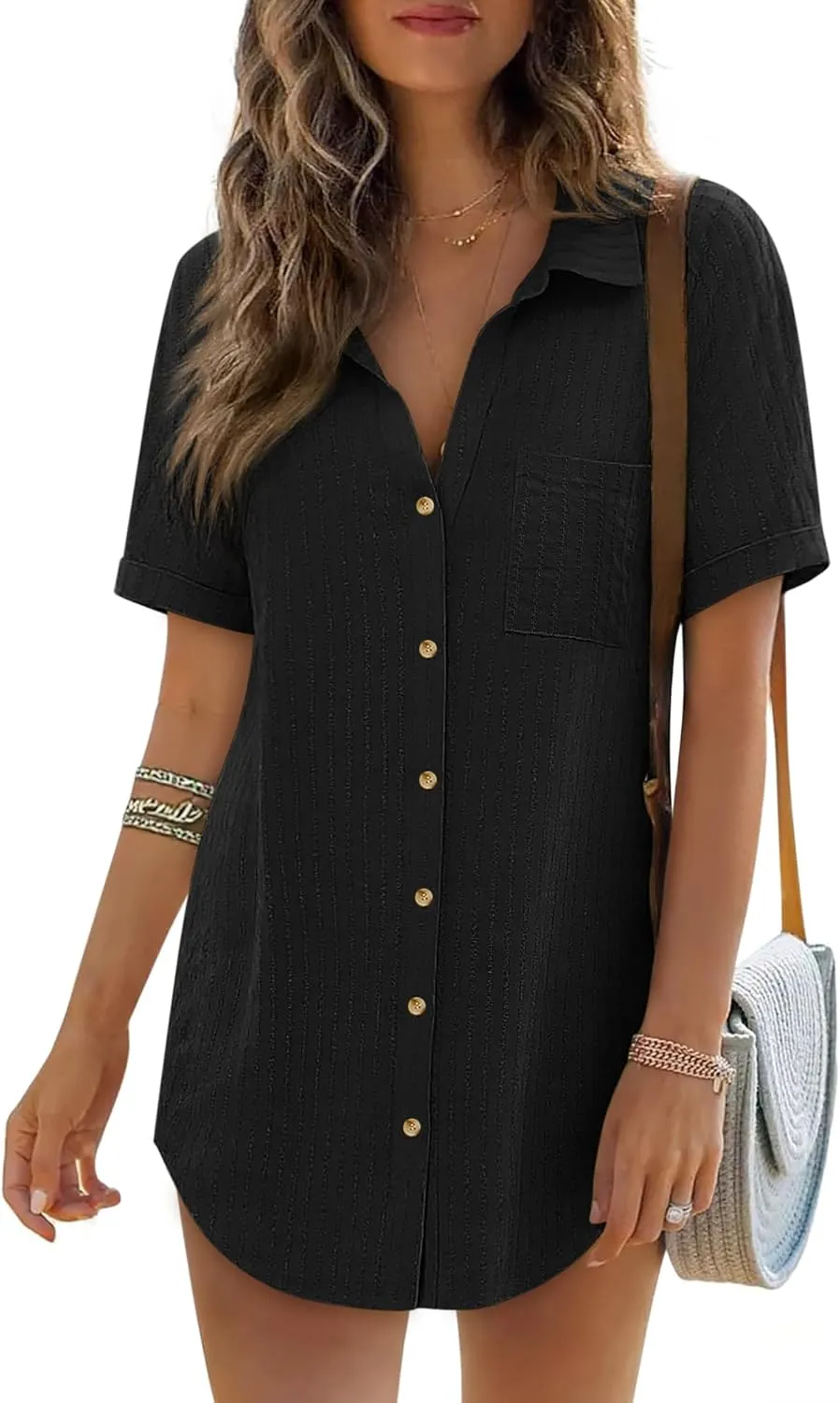 Women's Swim Cover Up Short Sleeve Polo Shirts Crochet Dressy Casual Button Down Blouses 2025 Summer Outfits
