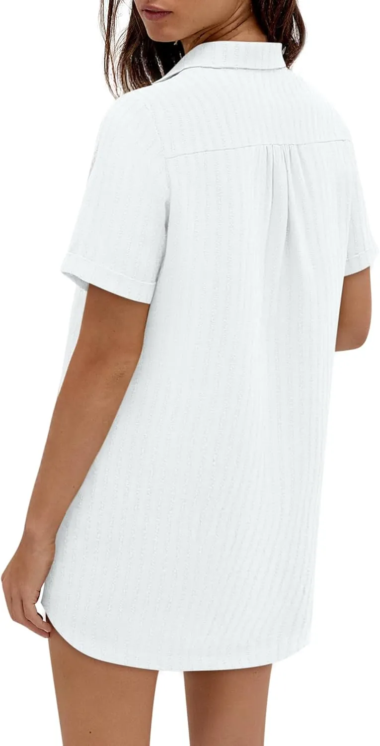 Women's Swim Cover Up Short Sleeve Polo Shirts Crochet Dressy Casual Button Down Blouses 2025 Summer Outfits