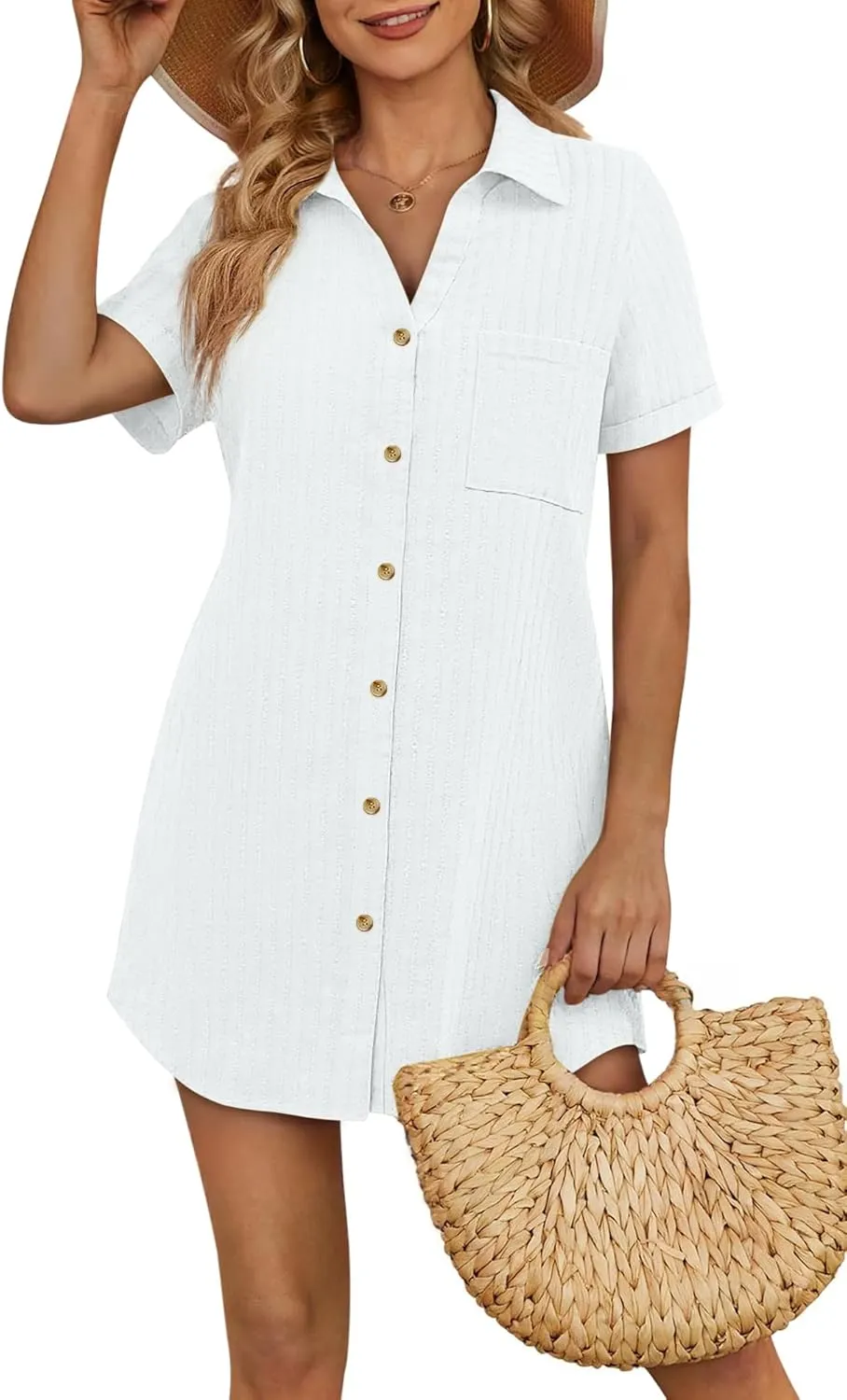 Women's Swim Cover Up Short Sleeve Polo Shirts Crochet Dressy Casual Button Down Blouses 2025 Summer Outfits