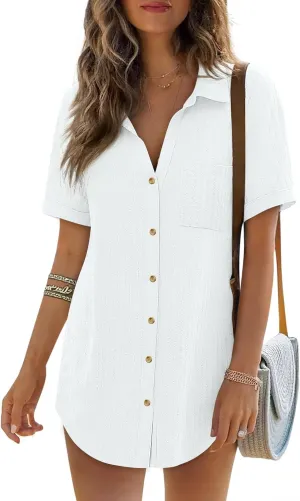 Women's Swim Cover Up Short Sleeve Polo Shirts Crochet Dressy Casual Button Down Blouses 2025 Summer Outfits
