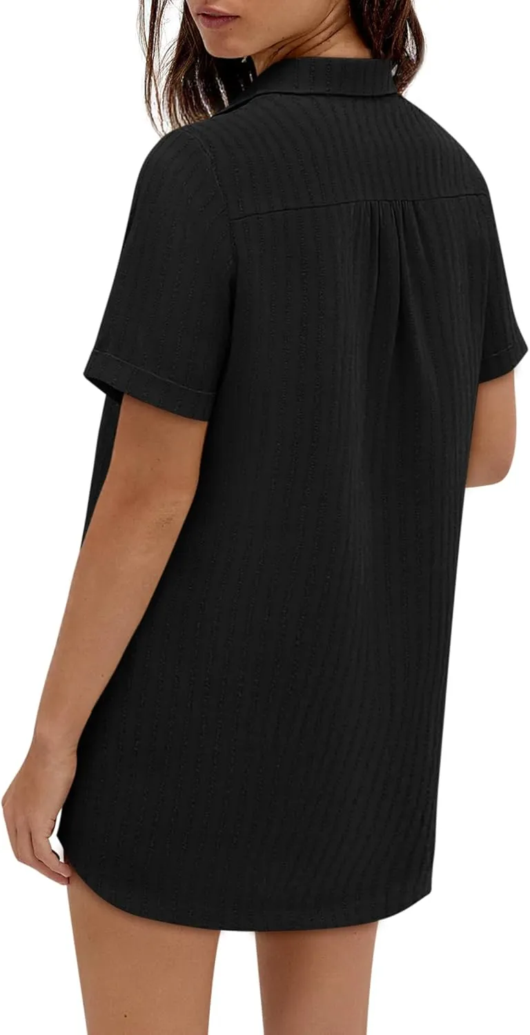 Women's Swim Cover Up Short Sleeve Polo Shirts Crochet Dressy Casual Button Down Blouses 2025 Summer Outfits
