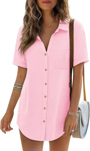 Women's Swim Cover Up Short Sleeve Polo Shirts Crochet Dressy Casual Button Down Blouses 2025 Summer Outfits