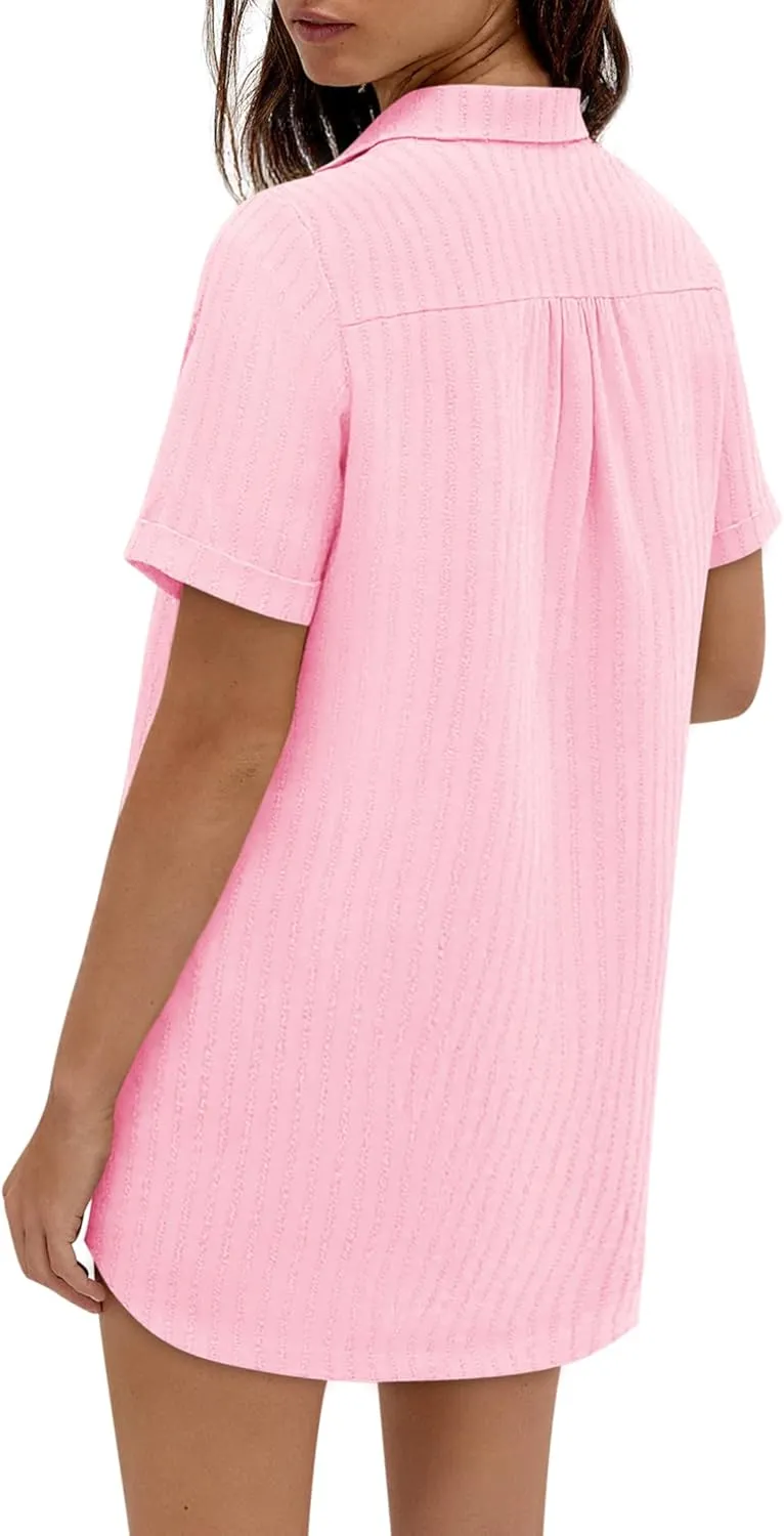 Women's Swim Cover Up Short Sleeve Polo Shirts Crochet Dressy Casual Button Down Blouses 2025 Summer Outfits