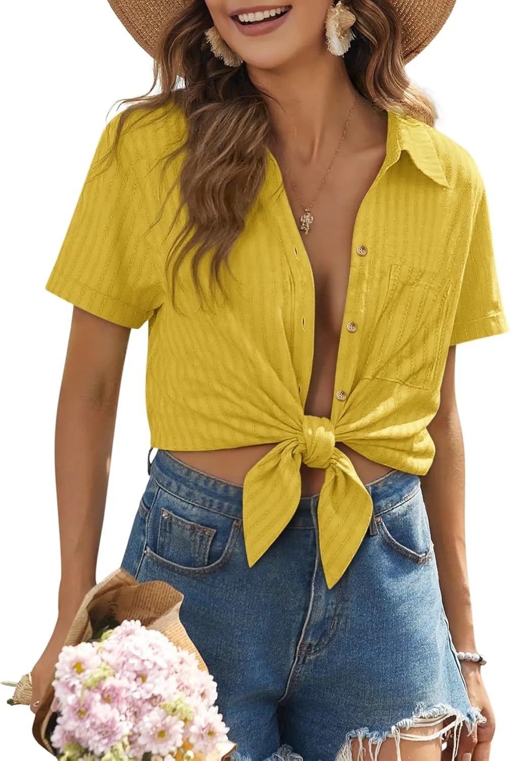 Women's Swim Cover Up Short Sleeve Polo Shirts Crochet Dressy Casual Button Down Blouses 2025 Summer Outfits