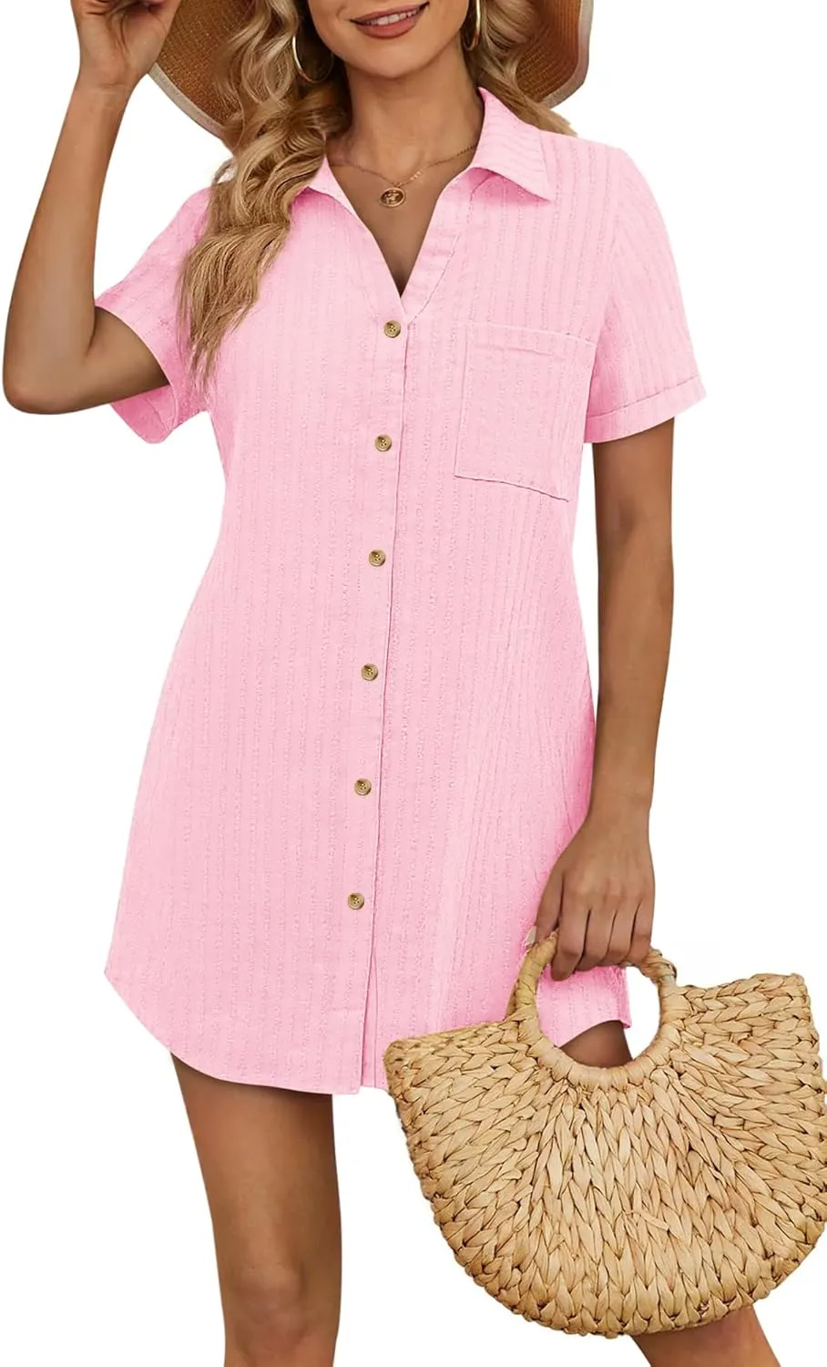 Women's Swim Cover Up Short Sleeve Polo Shirts Crochet Dressy Casual Button Down Blouses 2025 Summer Outfits