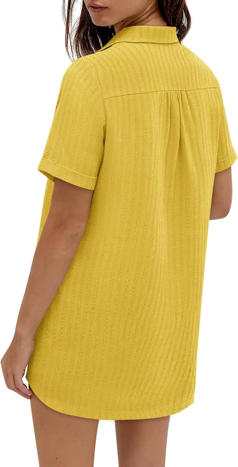 Women's Swim Cover Up Short Sleeve Polo Shirts Crochet Dressy Casual Button Down Blouses 2025 Summer Outfits