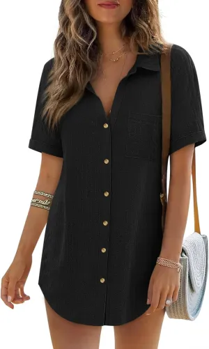 Women's Swim Cover Up Short Sleeve Polo Shirts Crochet Dressy Casual Button Down Blouses 2025 Summer Outfits