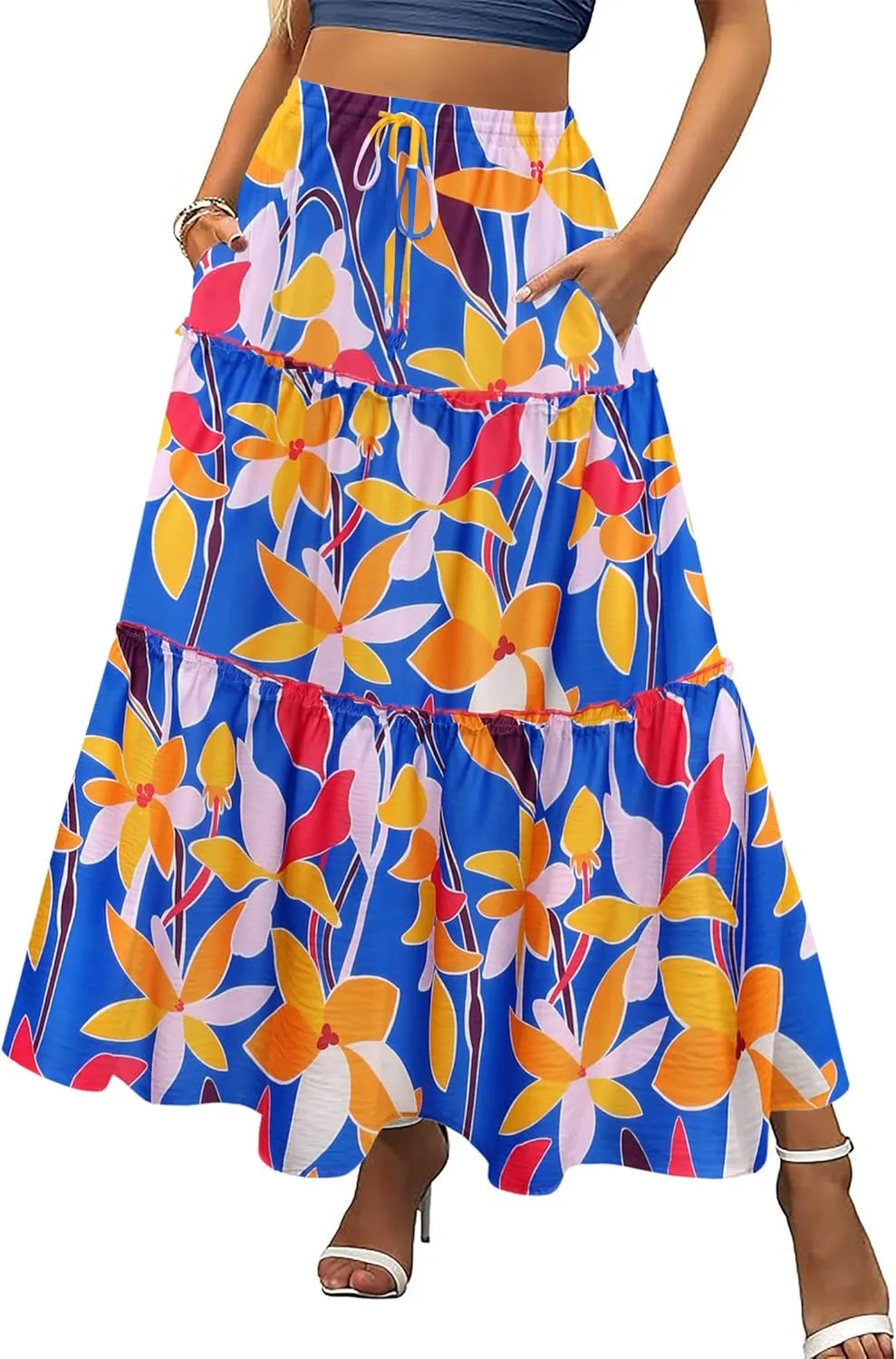 Zeagoo Womens Casual Maxi Skirts for Women 2025 High Waist Boho Skirts Floral Printed Long Flowy Skirt with Pockets