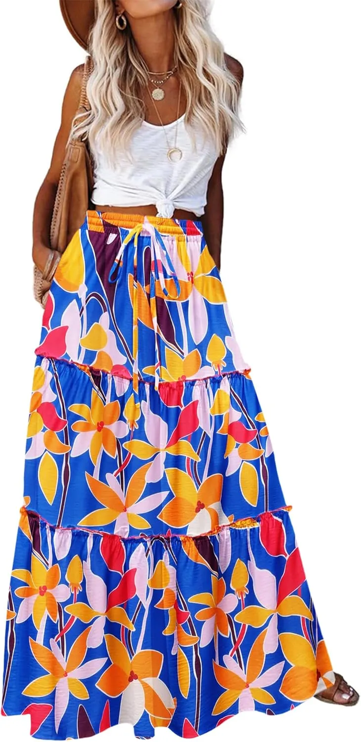 Zeagoo Womens Casual Maxi Skirts for Women 2025 High Waist Boho Skirts Floral Printed Long Flowy Skirt with Pockets